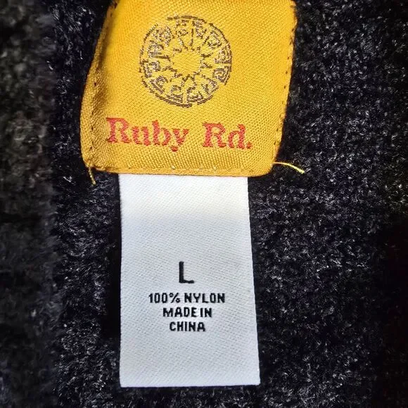 Ruby Rd Open Front Velvet Sweater Cardigan Large Black Scalloped Hem - Picture 2 of 5